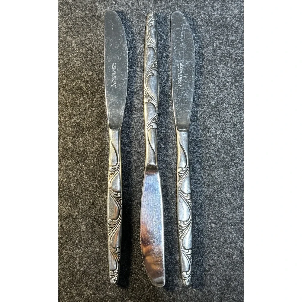 Orleans Ladies Fingers Pattern Stainless Set of 3 Dinner Knives Japan Vntg 50's
